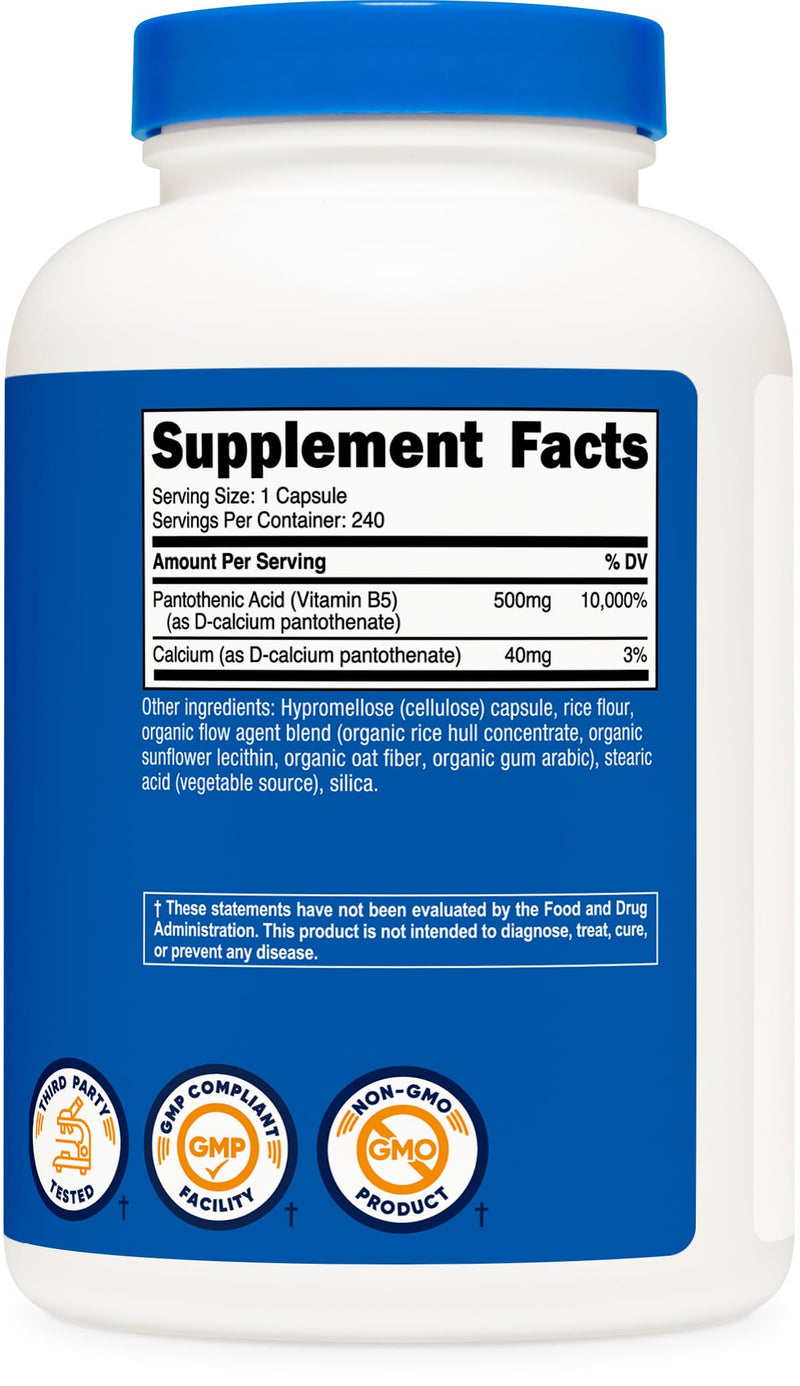 Nutricost Pantothenic Acid (Vitamin B5) 500mg, 240 Capsules 240 Count (Pack of 1)