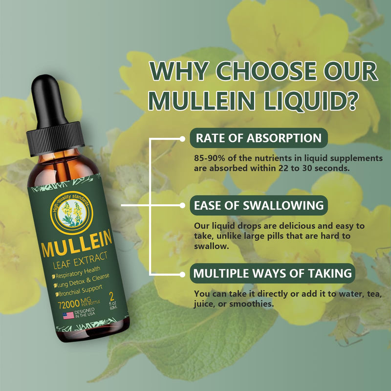 Mullein Drops for Lungs- Mullein Leaf Extract for Lungs-Support Lung Cleanse & Respiratory Function for Healthy Breathing | Non-GMO | Vegan | 2 fl oz Unflavoured