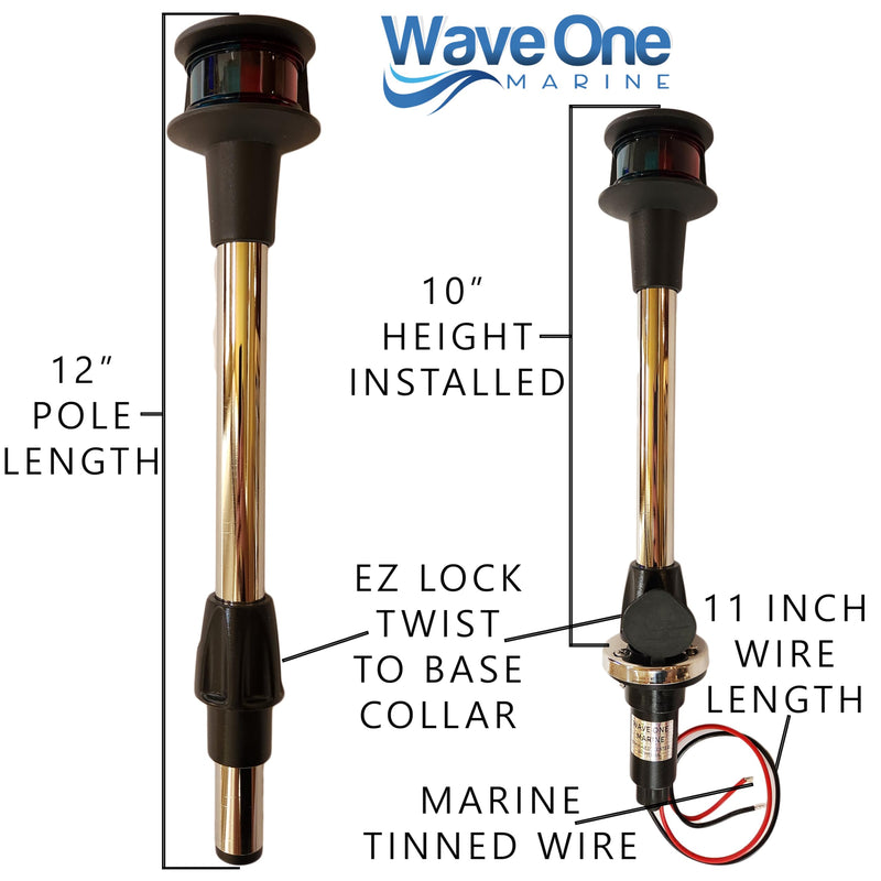 Wave One Marine 12" LED Bow Removable Bi-Color Navigation Light With Stainless Plug In Base | Boat 2 Pin Pole Pontoon Red Green Lights 1NM Visibility | 12 Volt DC | Night Nav Waterproof Inches - BeesActive Australia