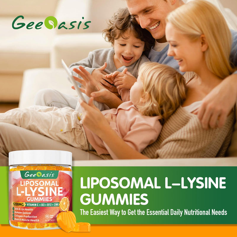 Liposomal L-lysine Gummies 1200mg, 60CT | Lysine Chewable Supplement with Vitamin C, D3, B12 & Zinc, For Adults & Kids, Immune & Collagen Support, Lips & Skin Health 60 Count (Pack of 1)
