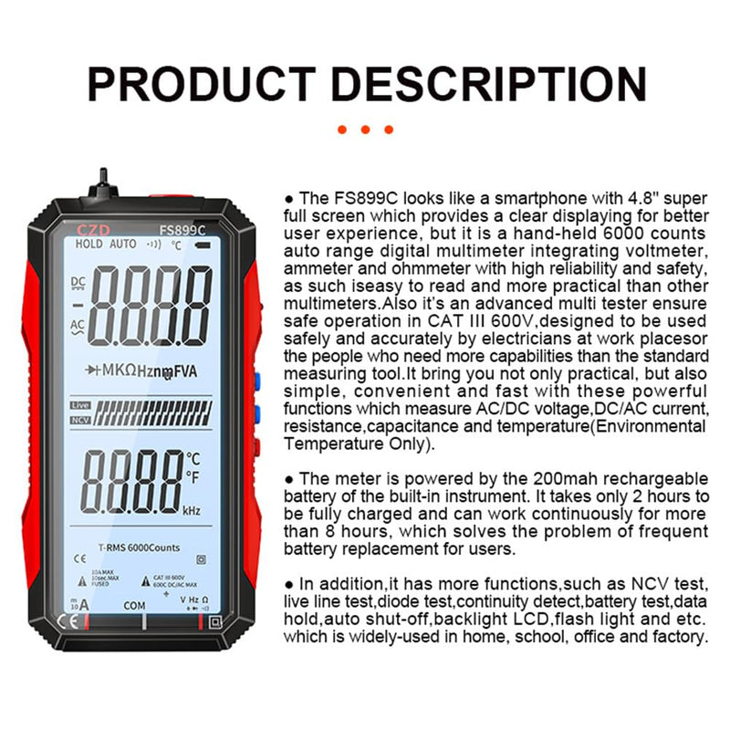 USB Rechargeable Digital Multimeter, 2026 Upgraded Fs899l Multimeter, Automatic Digital Display Multimeter Tester for Home and Industrial Electrical Issues, Multimeter Tester (FS899L) - BeesActive Australia