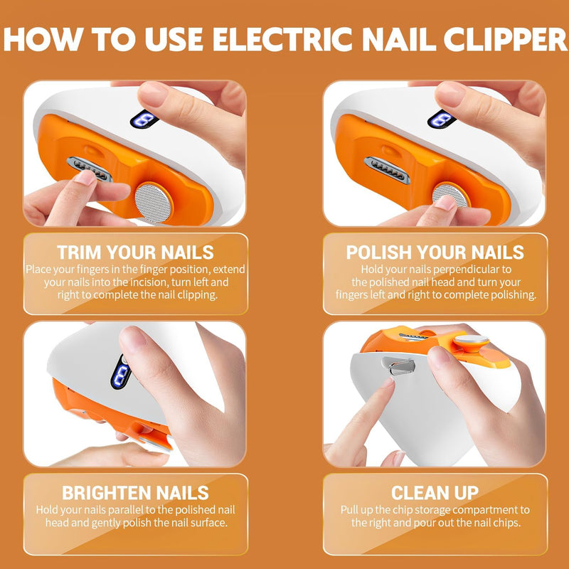 Electric Nail Clipper, 2-in-1 Automatic Nail Trimmer with LED Light, 3 Speeds Electric Toenail Clipper, Electric Nail Clippers for Seniors, Baby, Adults & Kids, Dark Orange