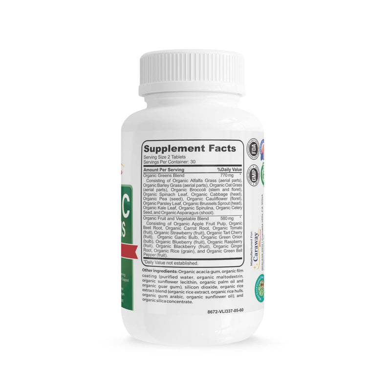 Organic Superfoods Vitamins Super Greens Complex by Caraway Vitamins 1,350 mg per Serving 28 Fruits Vegetables Greens 60 Count Tablets Non-GMO Natural for Men & Women