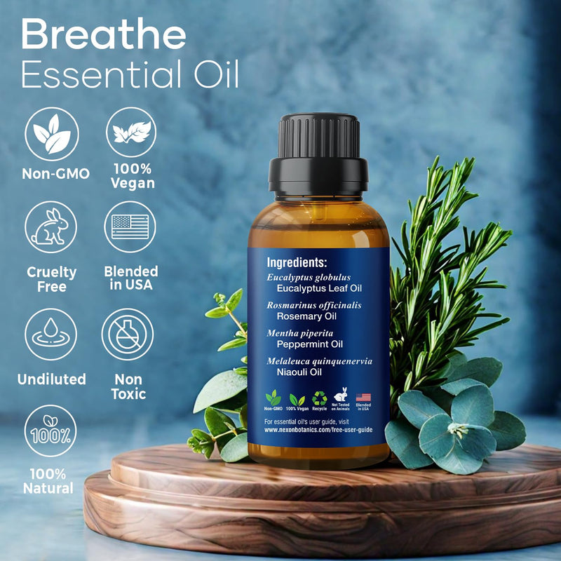 Breathe Essential Oil Blend 30 ml - Breath Sinus Relief with Menthol Oils - for Humidifiers, Diffusers, and Aromatherapy - Nexon Botanics Breathe 1 Fl Oz (Pack of 1)