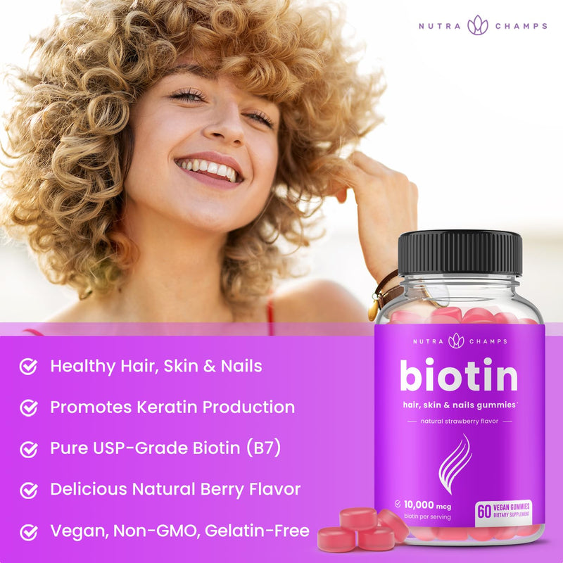 NutraChamps (2 Pack) Biotin Gummies 10,000mcg [High Potency] for Healthy Hair, Skin & Nails for Adults & Kids - 5000mcg in Each Gummy Vitamin - Vegan, Non-GMO, Pectin-Based Hair Health Supplement 2