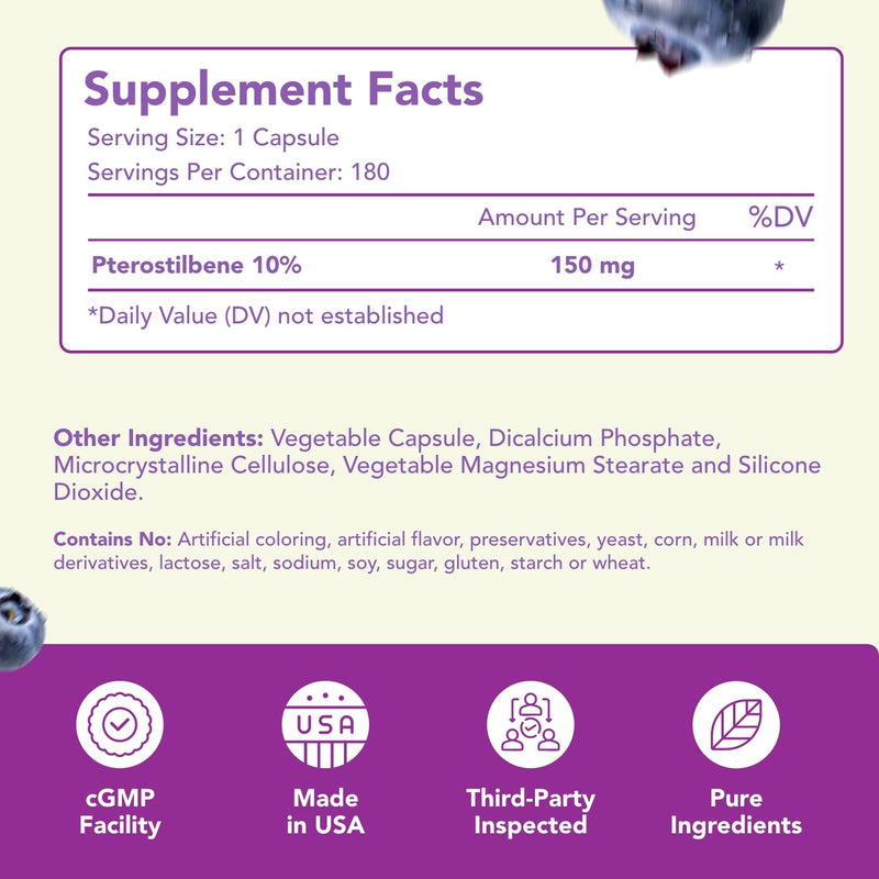 150mg Pterostilbene Supplement - Once Daily Antioxidant Supplement for Healthy Aging Immune Heart Skin and Brain Support - Naturally Derived Non-GMO & Made in the USA (180 Servings)