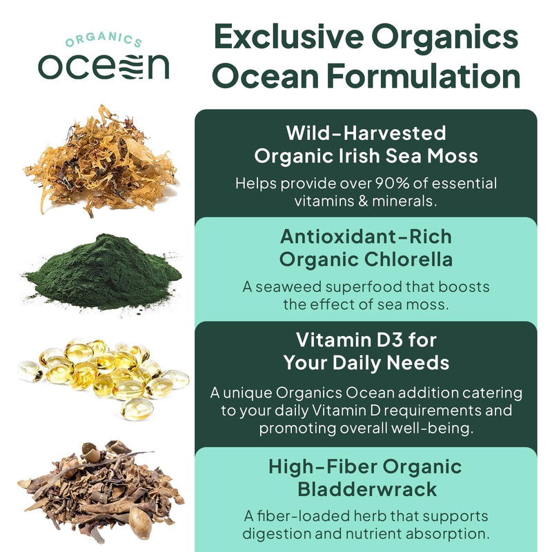 Organics Ocean Wild Sea Moss Capsules - 100% Organic Irish Sea Moss with Organic Chlorella, Bladderwrack and Vitamin D for Energy, Lung Health and Thyroid Support for Women and Men - 60 Capsules 60 Count (Pack of 1)