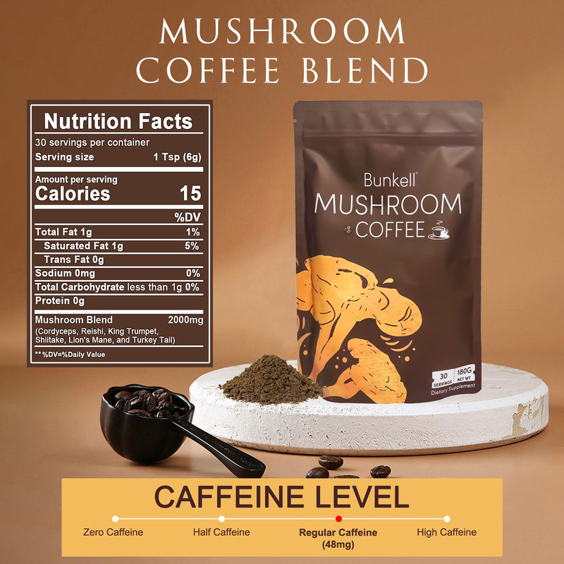 Mushroom Coffee, Adaptogenic 6 Mushrooms with Lion's Mane, Reishi, Cordyceps, Shiitake, King Trumpet & Turkey Tail, Instant Coffee Powder for Energy, Digestion & Immune Support, 30 Servings 6.35 Ounce (Pack of 1)