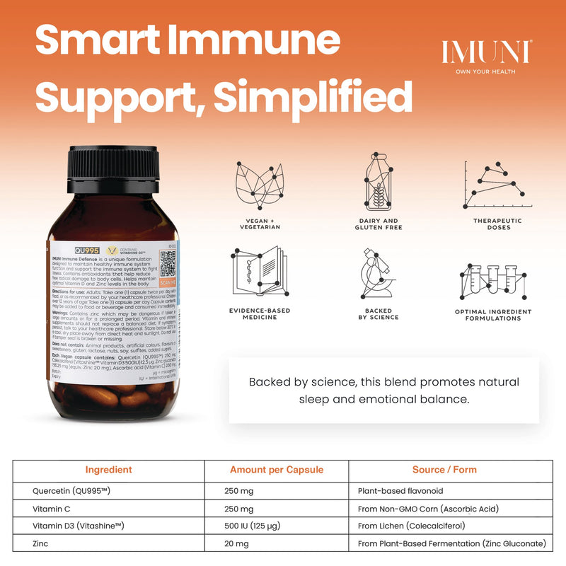 IMUNI Allergy Support & Immune Defense | Quercetin Supplement | Seasonal Allergy Support | Supports Histamine Balance | Daily Immune Support | Vitamin C, Zinc & Herbal Formula | 60 Vegan Capsules