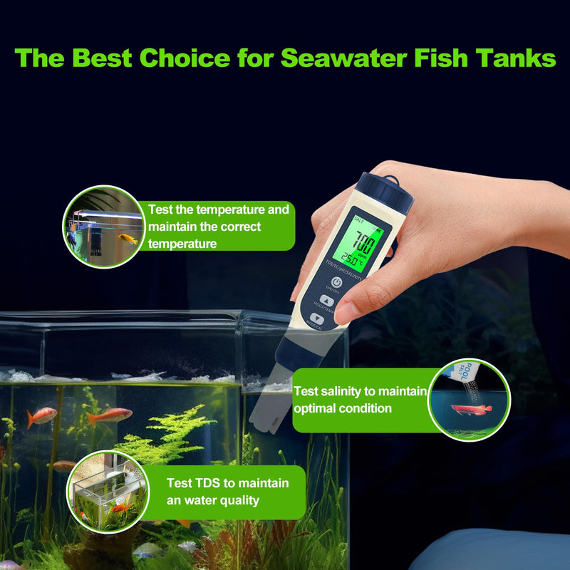 Pious PH Tester Digital, 5 in 1 PH Meter for Water/Salinity Meter/tds/ec/Thermometer, Pool Salt Tester with Constant Temperature Compensation, Suitable for Drinking Water Swimming Pools Aquariums Blue - BeesActive Australia