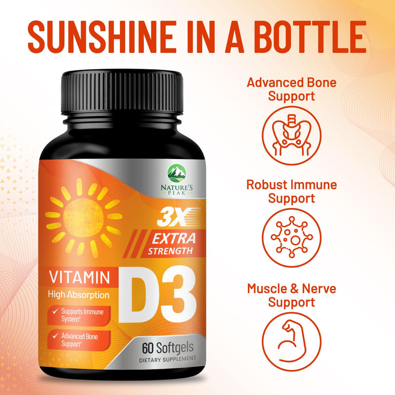 Vitamin D-3 5000 IU (125 mcg) Per Serving Softgels - Extra Strength Vitamins D Dietary Supplement for Bone, Teeth, Muscle Health & Immune Support, Rapid Absorbtion USA Bottled, Gluten Free - 60 Count 60 Count (Pack of 1)