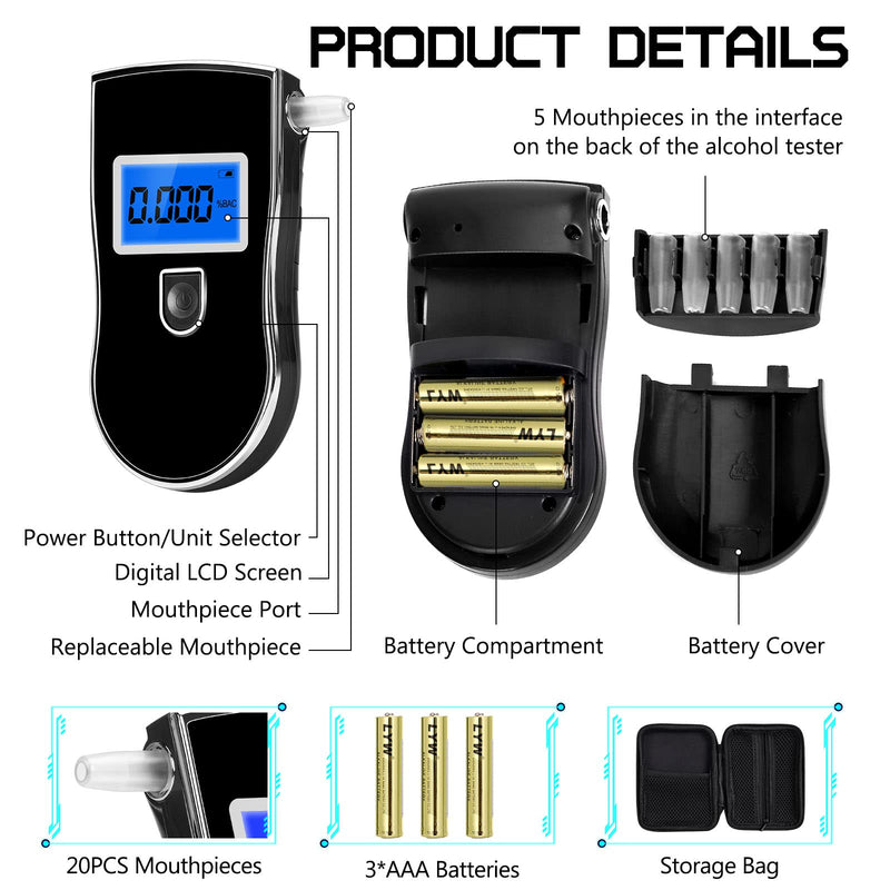 Alcohol Breathalyzer, Professional Grade Accuracy Alcohol Breath Tester for BAC Testing, Portable Blood Alcohol Tester with 20 Mouthpieces & Digital Blue LCD Display for Personal Home Use Black - BeesActive Australia