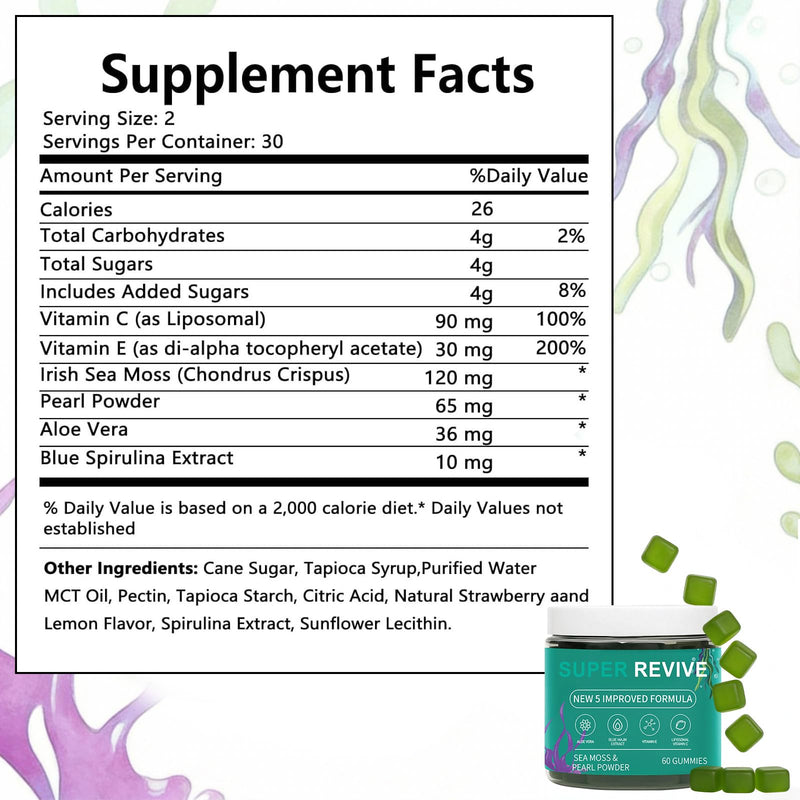 Super Revive Gummies for Hair Loss - Sea Moss Gummies with Vitamin C, E, Aloe Vera & Pearl Powder Glow, Promotes Thicker, Fuller & Stronger Hair - 60 Count