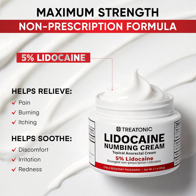 Treatonic 5% Lidocaine Numbing Cream: Lidocaine Cream Maximum Strength for Pain Relief, Itching, Burning, Soreness, Hemorrhoid Treatment - Fast Acting & Long Lasting Numbing Cream - 2.1 oz 1-Pack (5% Cream / 2.1 oz) - BeesActive Australia