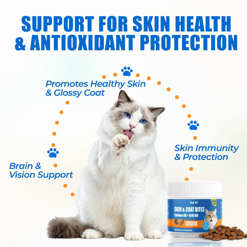 Just Try 300 Bites Skin and Coat Healthy Cat Vitamins for Indoor Cats Omega 3 for Cats Salmon Oil Supplements- Cat Itchy Skin Relief