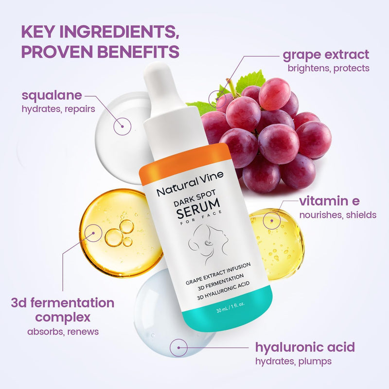 Natural Vine Dark Spot Remover for Face Serum: Age Spot Sun Spot Brown Spot with Grape Extract, Fermentation Complex, Hyaluronic Acid & Vitamin E, for Women and Men, 1 FL OZ / 30mL 1 Fl Oz (Pack of 1)