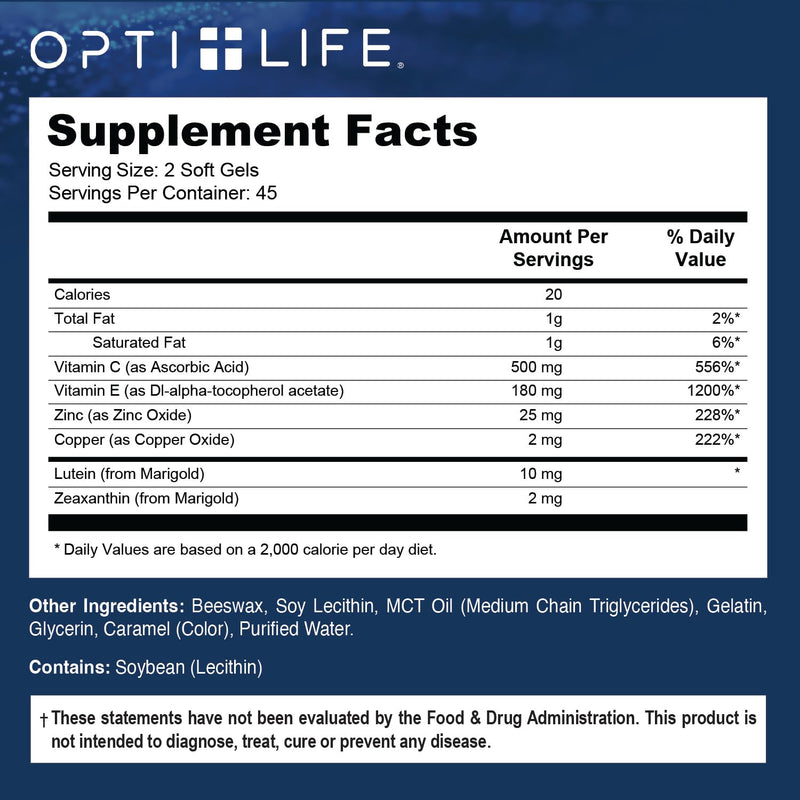 Opti + AREDS 2 Supplements | Vision & Eye Health Supplements for Adults | Includes Lutein, Zeaxanthin, Zinc, and Vitamin C for Macular Support* | 90 Softgels / 45 Servings 90 Count (Pack of 1)