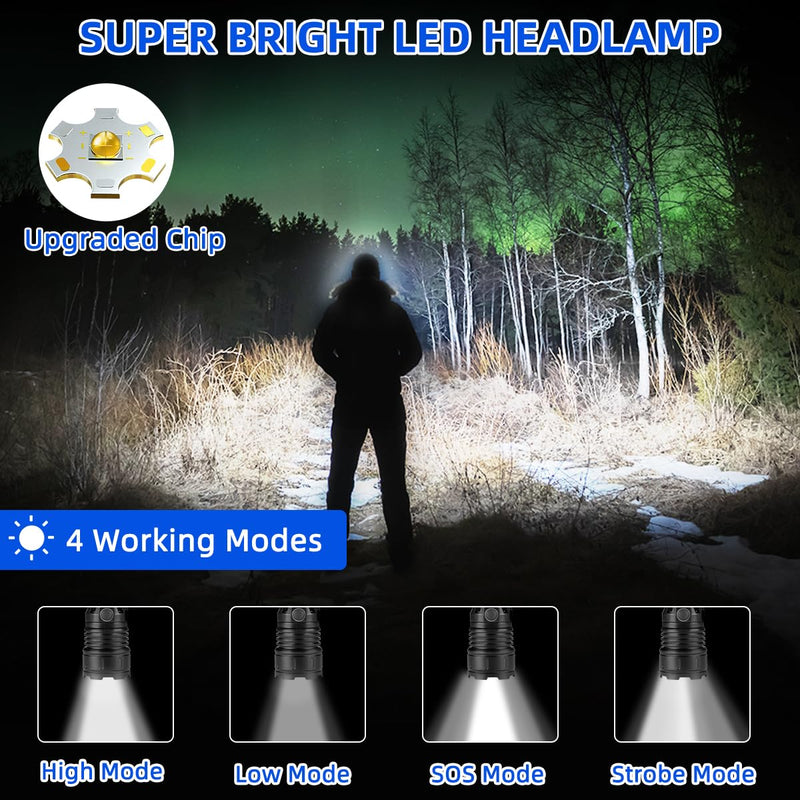 High Lumen Rechargeable Headlamp, Super Bright Head Lamp, 90°Angle Head Lights for Forehead, Adjustable Focus Headlight, 4Mode LED Headlamp Rechargeable, Headlamps for Adults Hard Hat Camping (2Pack) 2Pack