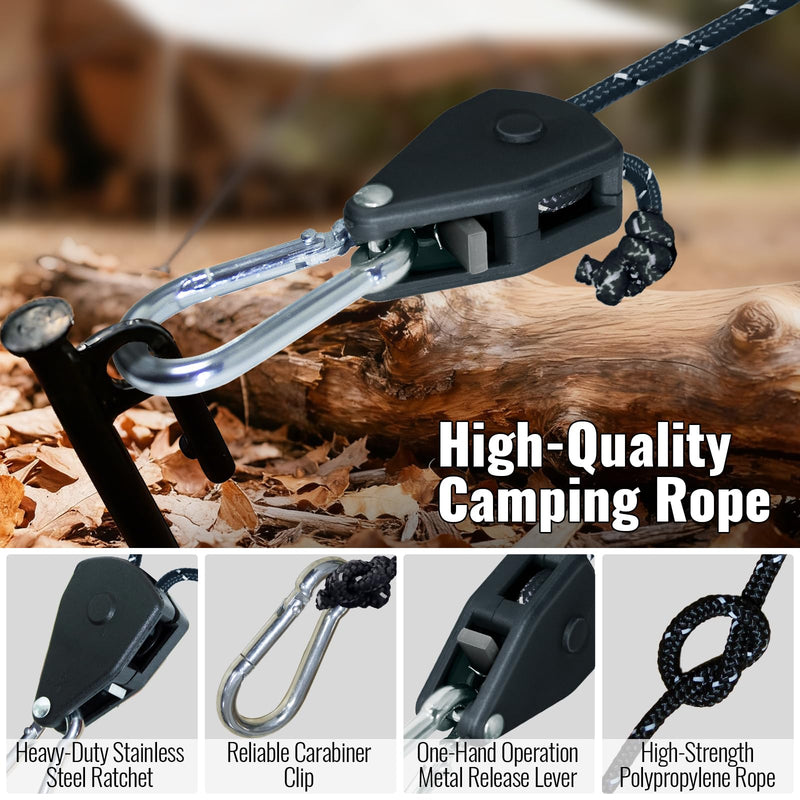 Camping Rope Reflective Tent Rope Guyline with Ratchet Pulley, Tarp Tie Down Ropes for Tent Tarp, Canopy Shelter, Camping, 13ft Adjustable Guy Line for Canopy Tent 4 Pack Guy Lines Tents Cords Black-4 Pack