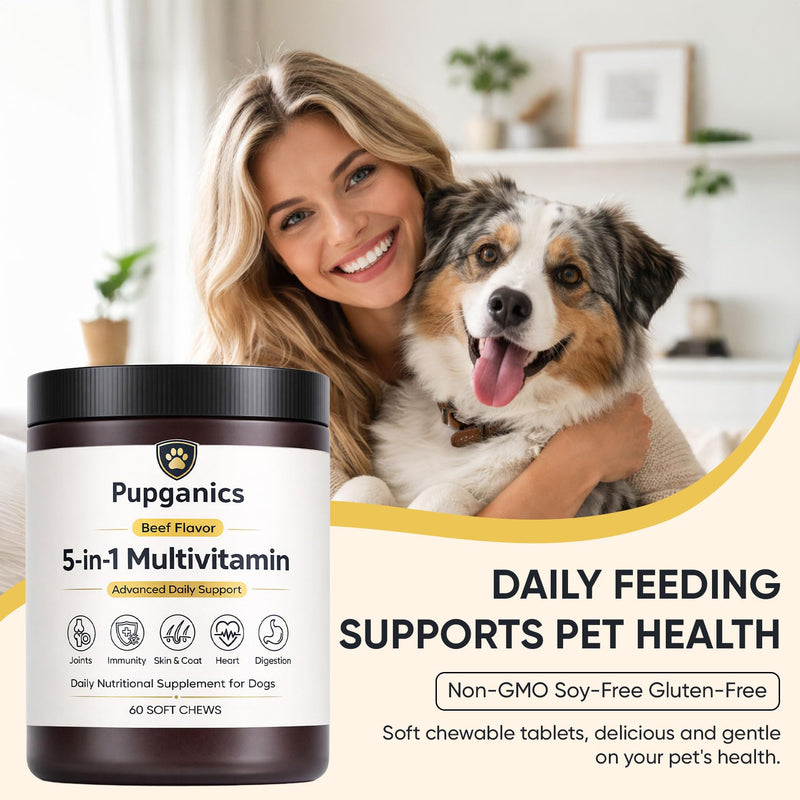 Pupganics Multivitamin Daily Soft Chews for Dogs, Pupganics 5 in 1 Multivitamin, Vitamin & Probiotics for Skin & Hair, Heart Health, Immune Support, Beef Flavor, 60 Soft Chews (1 PCS) 1 PCS
