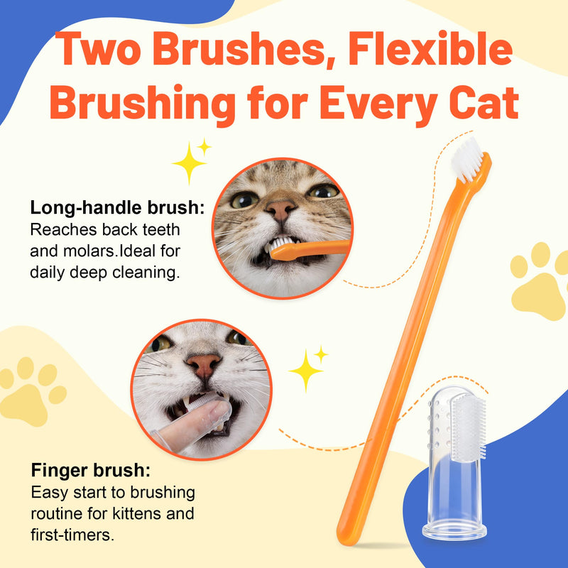 Cat Toothbrush and Toothpaste Kit - Salmon Flavor Enzymatic Cat Toothpaste for Plaque & Tartar Control - Includes a Long Handle Brush & a Soft Silicone Finger Brush for Felines, 1.06 oz