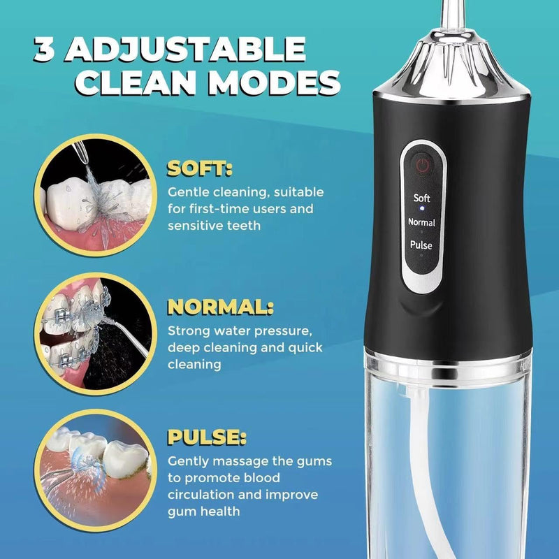 Water Dental Flosser Teeth Pick Portable Cordless Oral Irrigator Rechargeable Travel Irrigation Cleaner 3 Modes 4 Jets IPX7 Waterproof Electric (Black) Black
