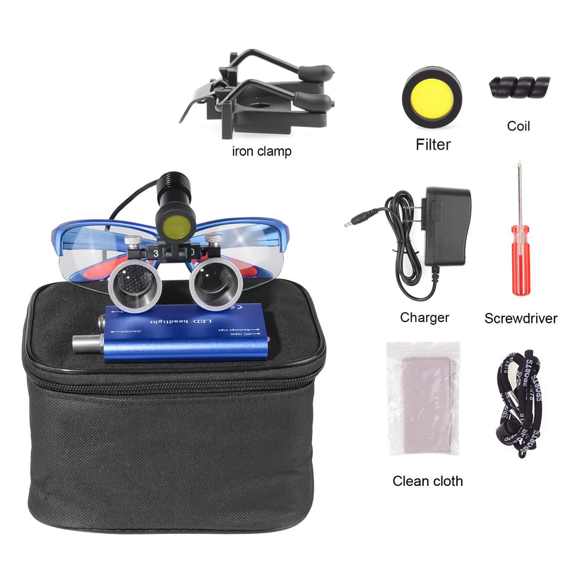 EustomA 3.5X Binocular Loupes Magnifier with 5W LED Clip on Headlight Optical Glass Headlamp with Two Clips Adjustable Cloth Bag DY-409-3.5X (Blue) Blue - BeesActive Australia