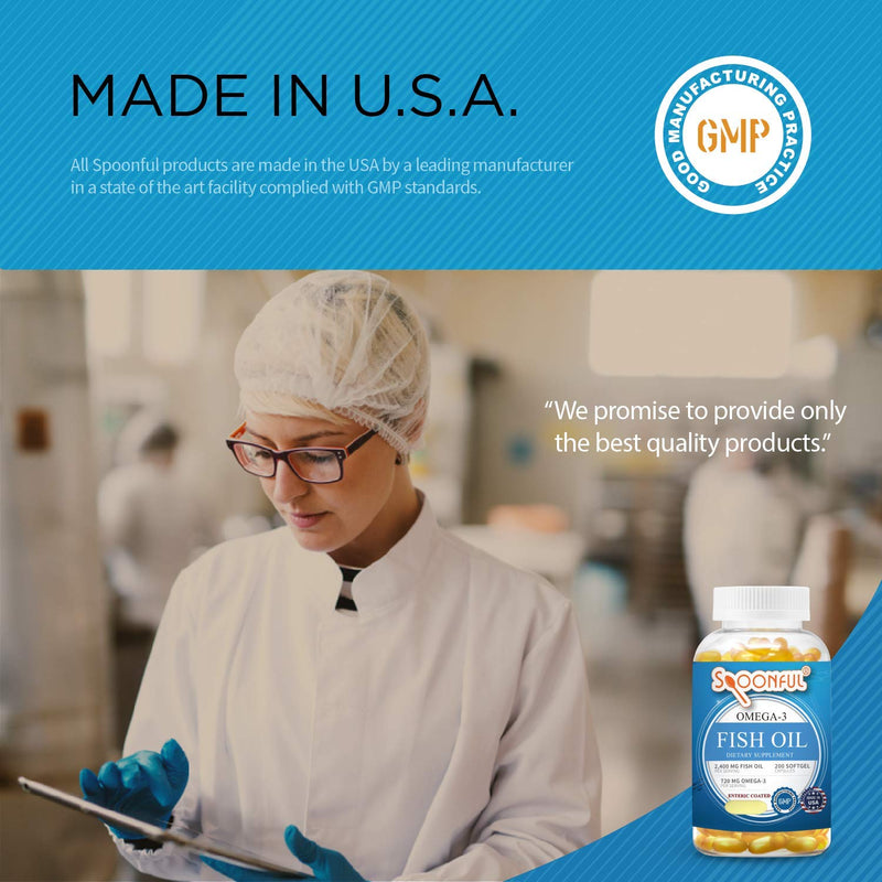 Spoonful Omega 3 Fish Oil Enteric Coated 2400mg, 200 Capsules, Burpless, Rapid Release Softgel Capsules, Made in USA, NSF-Certified