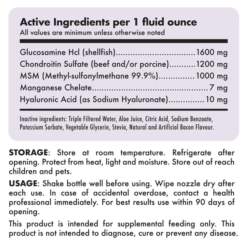 Liquid Glucosamine for Dogs Bacon Flavour Chondroitin, MSM & Hyaluronic Acid K9 Supplement Hip and Joint Formula Advanced Mobility Joint Pain Relief Senior Advanced Supplement for All Breeds 32 oz 32oz - PawsPlanet Australia