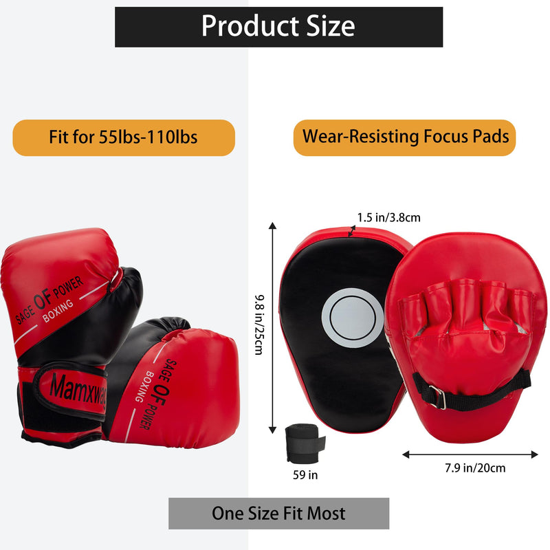 3-in-1 Boxing Gloves and Punching Mitts Set for Kids, Sports Boxing Gloves Boxing Pads with Hand Wraps, Kids Boxing Equipment Set for MMA, Karate, Muay Thai, Taekwondo Red 6oz