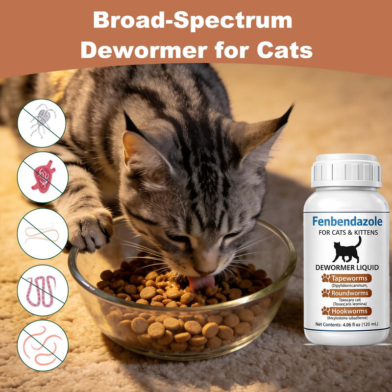 Cat Dewormer for Cats – Fenbendazole Liquid Broad Spectrum Wormer for Tapeworms, Roundworms & Hookworms, 120 mL (4.2 fl oz)