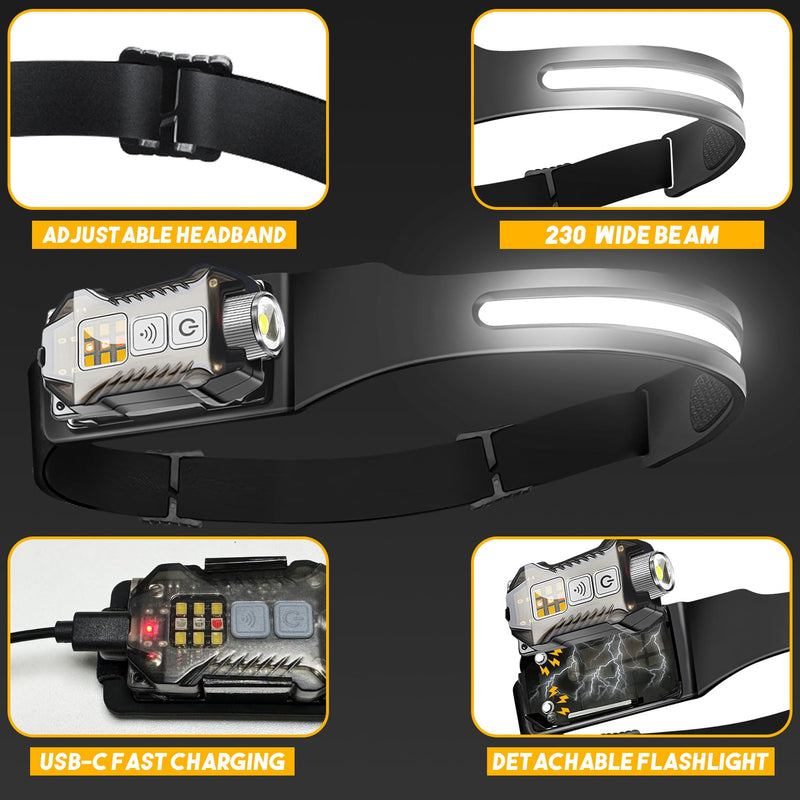 Headlamp Rechargeable 2PCS, 230° Wide Beam Detachable Headlamp Flashlight, LED Headlight Motion Sensor, 9 Mode for Outdoor Camping Fishing Running Hiking