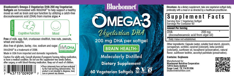 Bluebonnet Natural Omega-3 Vegetarian DHA Vegetarian Softgels, 200 mg, 60 Count ('743715009097) | Third-party tested for purity and potency; manufactured in the USA 60 Count (Pack of 1)