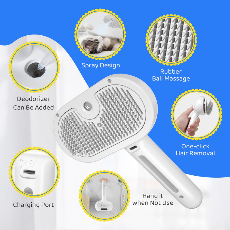 Cat Steam Brush for Shedding, Self Cleaning Cat Grooming Brush for Massage, Cat Brush with Steam for Removing Tangled and Loosse Hair, Steamy Cat Brush for Long and Short Hair Dogs and Cats (White) White - BeesActive Australia