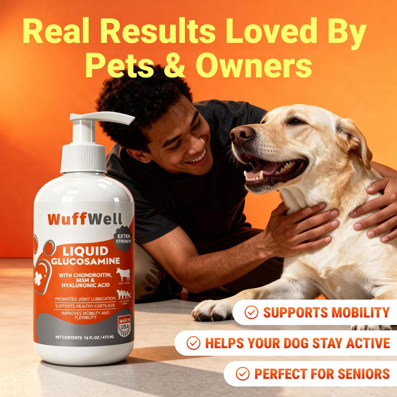 WuffWell Liquid Glucosamine for Dogs Hip & Joint Support with Chondroitin, MSM & Hyaluronic Acid, Dog Joint Supplement for Mobility & Cartilage Health, Easy Pump Dosage, All Breeds, Made in USA, 16oz