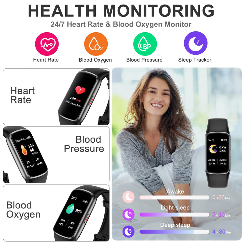 Fitness Tracker, Activity Tracker with 24/7 Heart Rate Blood Oxygen Sleep Monitor, 123 Sports Modes Step Counter, 1.47'' HD Screen Fitness Watch, Smart Watches Pedometer for Women Men Android/iOS black