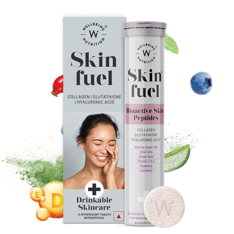 WELLBEING NUTRITION Skin Fuel with Collagen, L-Glutathione, Hyaluronic Acid, Matcha Green Tea, Aloe Vera, Grape Seed, Vitamin C, E - 30 Effervescent Tablets