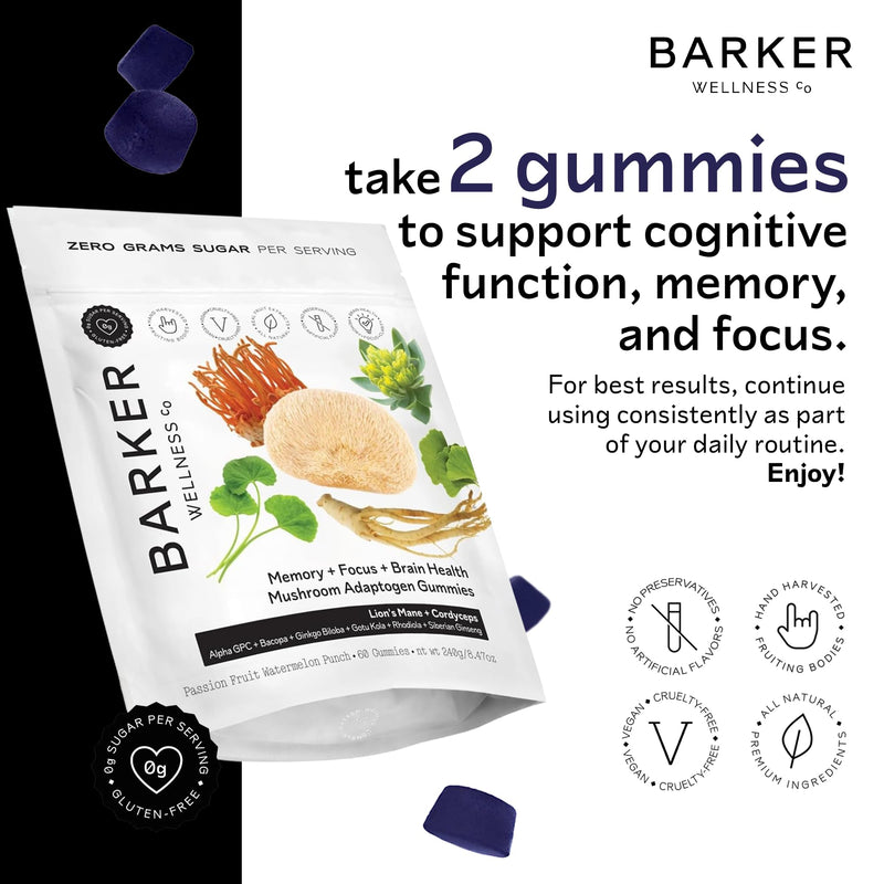 Barker Wellness Mushroom Gummies for Memory & Focus – Lion's Mane, 60ct Memory Focus Gummies