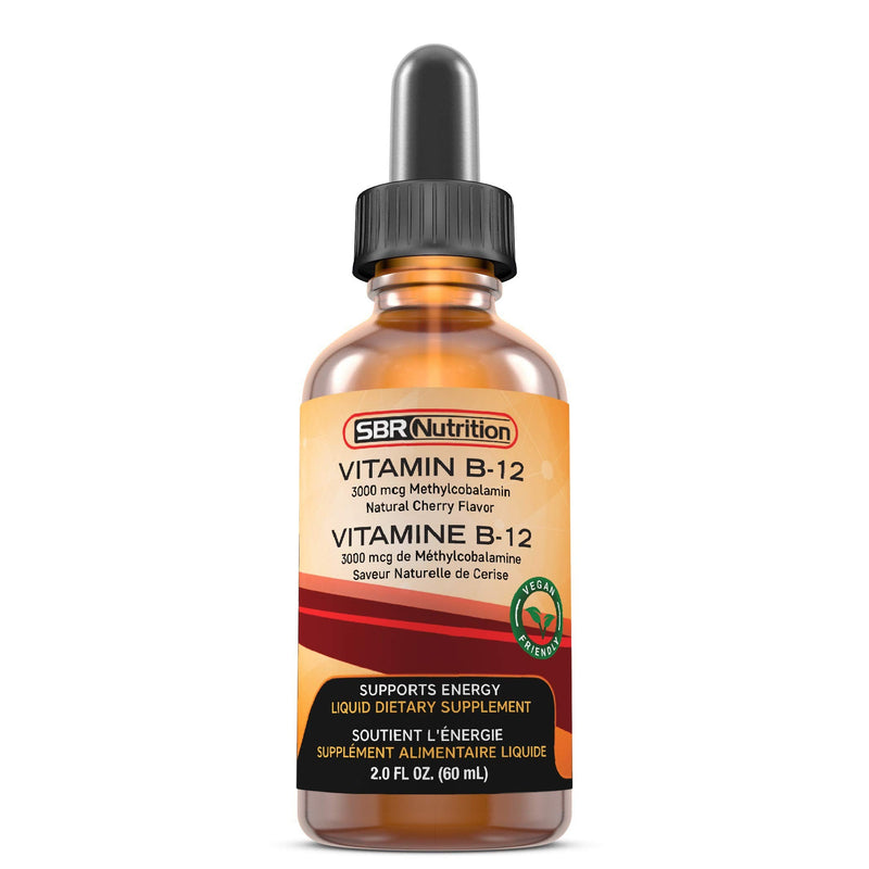 SBR Nutrition Vitamin B12 Sublingual Liquid Drops - Methylcobalamin, VIT B 12 Supports Energy, Max Absorption, 3000mcg Per Serving, 60 Servings, Non-GMO, Vegan Friendly, Manufactured in The USA Natural Cherry - 3000mcg