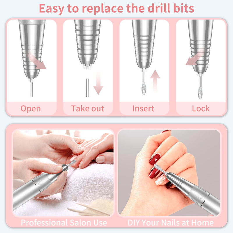 MOCOWIND Portable Nail Drill Professional 35000 RPM, Rechargeable Electric Nail File Machine Cordless E-File for Acrylic Gel Polishing Removing with Bits Kit for Manicure Salon Home, Pink - BeesActive Australia