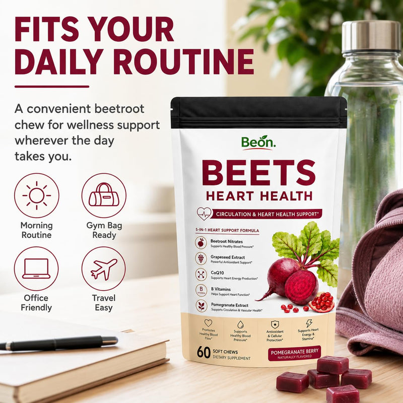 Beon Beet Chews, Beon Beetroot Chews Gummies for High Blood Pressure & Cardiovascular Support, Beet Root Gummies with L-CoQ10 & Grape Seed for Calm Mood, Sugar-Free Vegan, 60 Chew