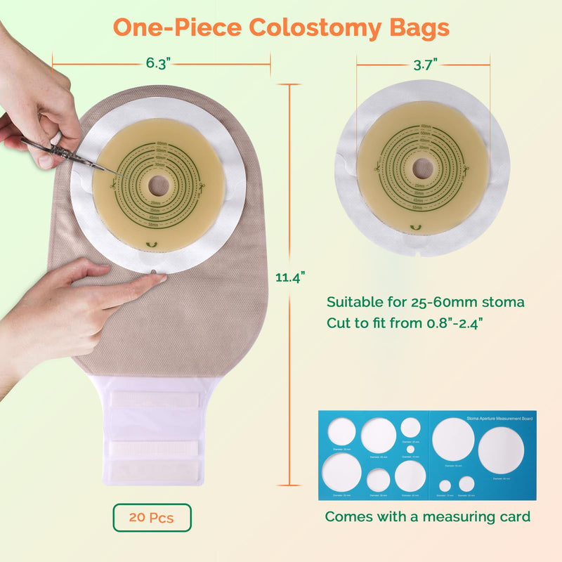20 PCS Colostomy Bags One Piece Ostomy Bag Ostomy Supplies, Max 60mm Cut to Fit Drainable Pouches with Closure for Ileostomy Colostomy Urostomy Stoma Care 60" Skin (20 Pcs)