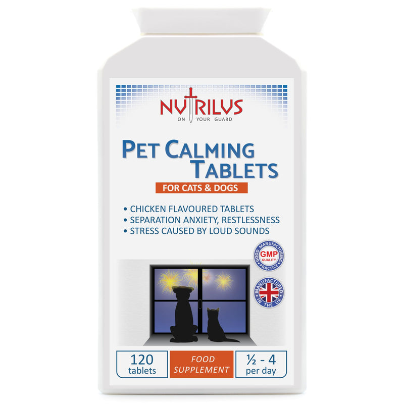 Calming Tablets for Dogs And Cats - 120 Tablets Chicken Flavour for Pets - Separation - Restlessness - Loud Sounds - Stress - Anxiety - Travel