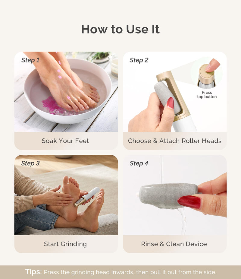 MelodySusie Electric Callus Remover for Feet, PC800G IPX7 Waterproof Rechargeable Pedicure Tool with LED Light & 3 Grits Roller Heads & Adjustable Speeds, for Dead Skin & Cracked Heel, White Gold - BeesActive Australia