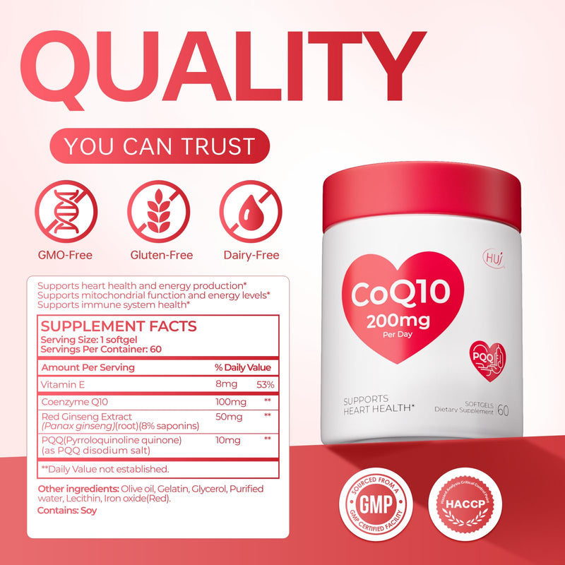 HUJ CoQ10 with Red Ginseng Formula - Heart Health & Energy Production Support with Coenzyme Q10, Red Ginseng Extract, Vitamin E & PQQ - 60 Softgels