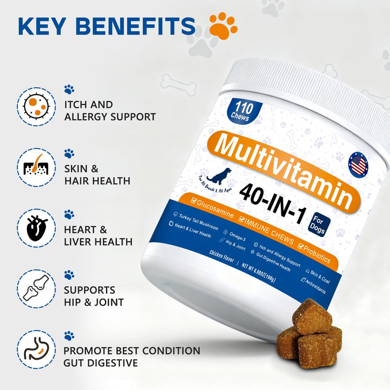 Dog Multivitamin, 40-in-1 Dog Vitamins and Supplements Chewable Contain Probiotics Omega-3 Glucosamine, Multivitamin for Dogs Skin Coat Heart Joint Liver Brain Eyes Immune Support (110ct) 110 Count