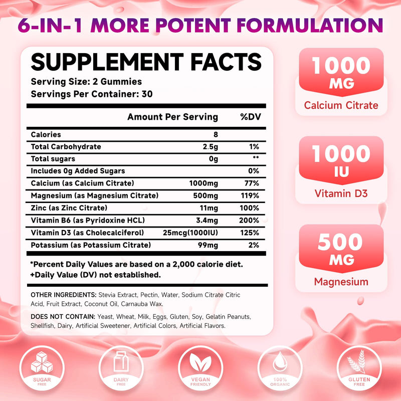 2 Pack Calcium Citrate Gummies 1000mg w/Vitamin D3, High Absorption Calcium Gummies for Women & Men, Plus Magnesium, Potassium, Zinc for Muscle & Immune Support, Raspberry Flavor, 120 Count 60 Count (Pack of 2)
