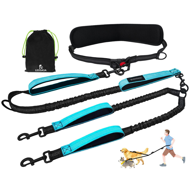 Hands Free Double Dog Leash for Two Dogs- No Tangle No Pull Dual Leash with Padded Adjustable Waist Belt & Reflective Stitching - Ideal for Running, Jogging, Hiking with Medium & Large Breeds Blue - BeesActive Australia