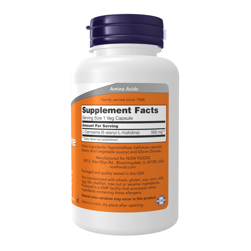 NOW Foods Supplements, L-Carnosine (Beta-Alanyl-L-Histidine) 500 mg, Healthy Aging, 100 Veg Capsules,(Pack of 2) 100 Count (Pack of 2)