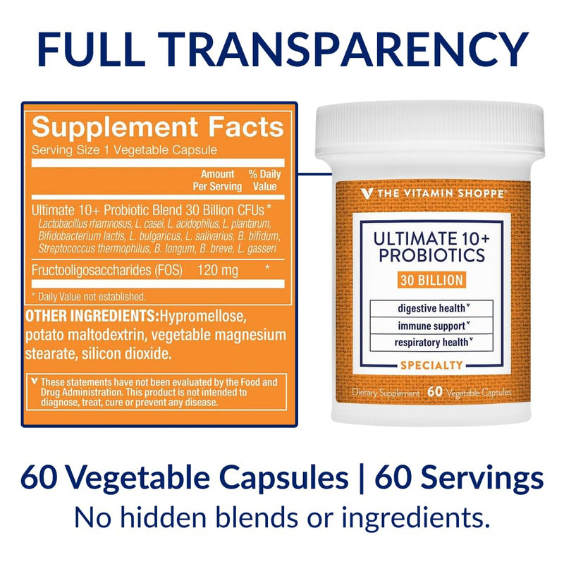 The Vitamin Shoppe Brand Ultimate 10+ Probiotics, 13B CFUs, 60 Capsules | Digestive & Immune Support, Multi-Strain Probiotic Supplement for Men & Women, Gluten Free, Non GMO, Vegetarian 60 Count (Pack of 1)